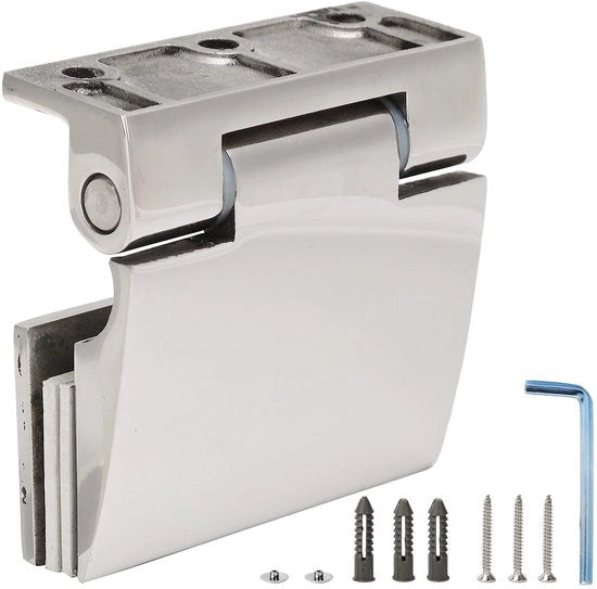 Scharniere per porte in vetro - Verstilabili - In acciaio inox 304 - Per vetro resistente 8-12 mm - Inclusi viti/accessori - Peso 367 g - Dimensioni 70 x 68 mm - Scharniere per vetro