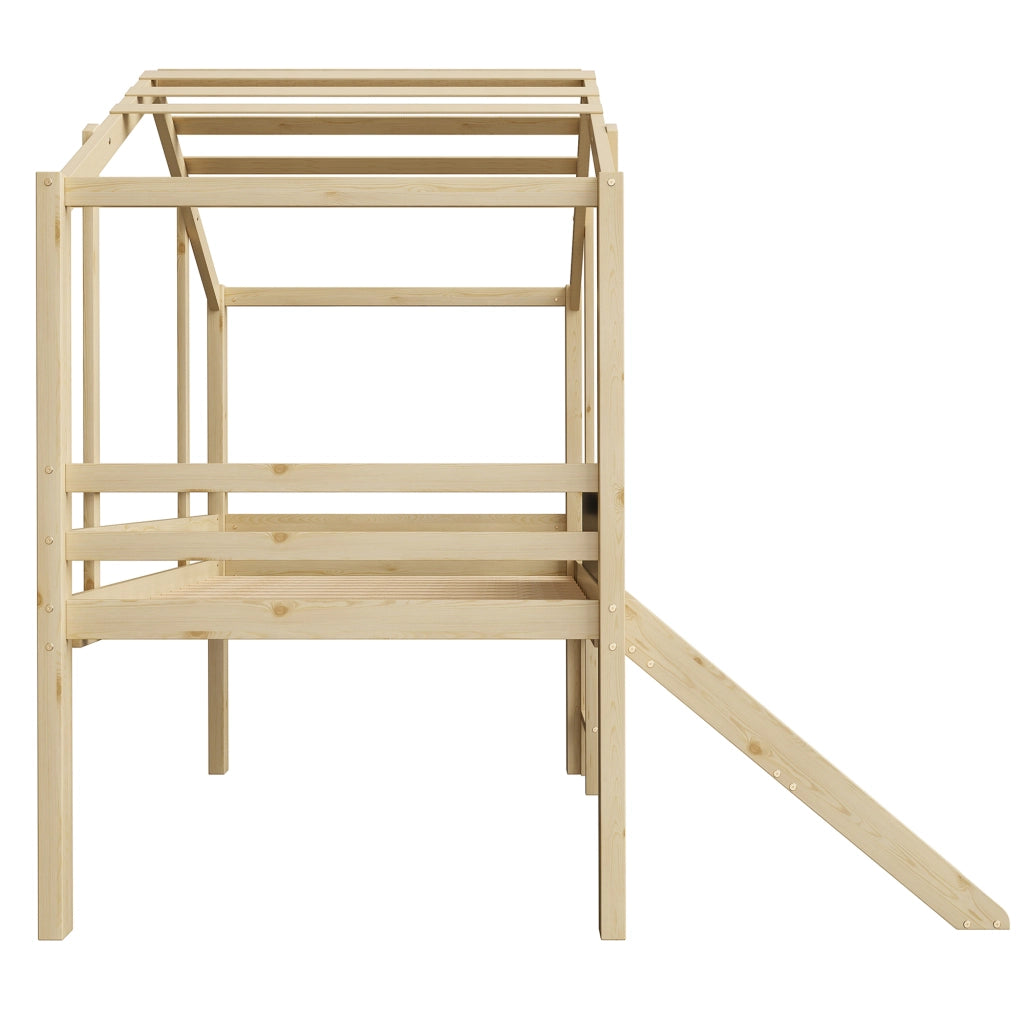 Letto a soppalco per bambini 90×200 cm con scala; scivolo e lavagna; senza materasso; legno massello; naturale