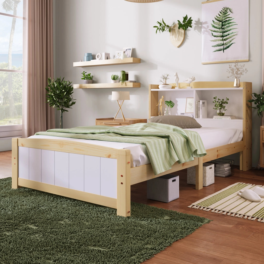 LETTO Singolo 90x200 cm in Legno Massello Bianco/Naturale con materasso incluso
