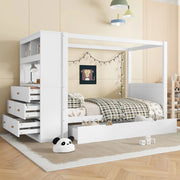 Letto singolo per bambini con sponda; armadio laterale e 5 cassetti; 90x200 cm; bianco