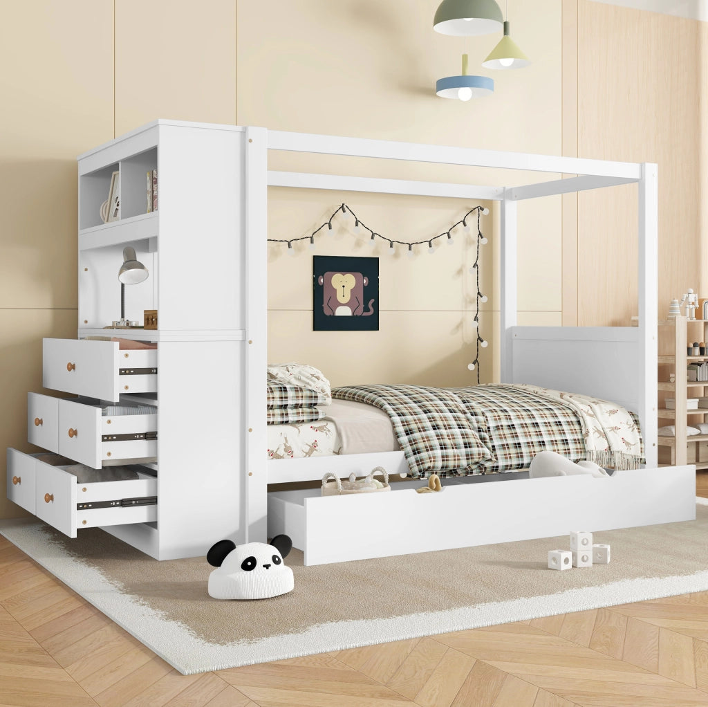 Letto singolo per bambini con sponda; armadio laterale e 5 cassetti; 90x200 cm; bianco