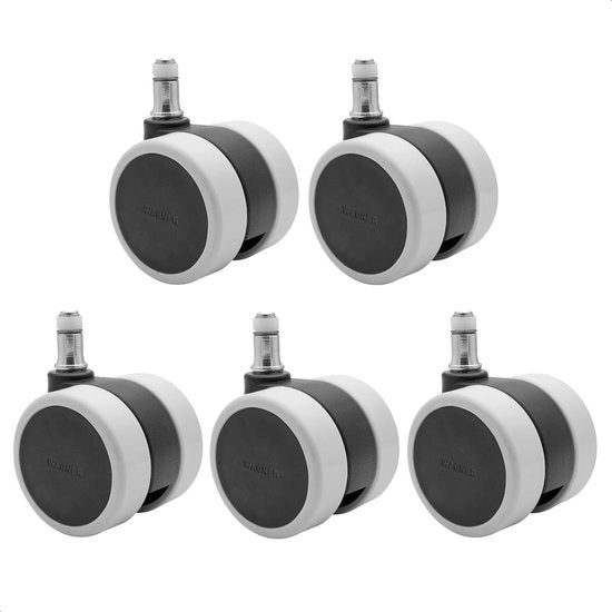 Set di 5 ruote per seggiolini/ruote per sedie da ufficio con design soft - diametro 60 mm, altezza 65 mm, con freno a intervallo, pennello 11 x 20 mm, carico di 50 kg/ruota - Made in Germany - 02007661