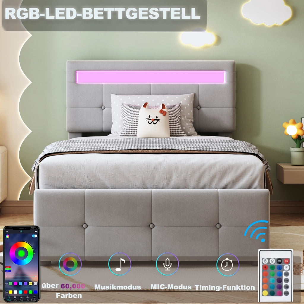 DESMIU Letto contenitore 90 × 200 cm 1 posto con LED, vano idraulico, testiera regolabile, senza materasso, in velluto, grigio