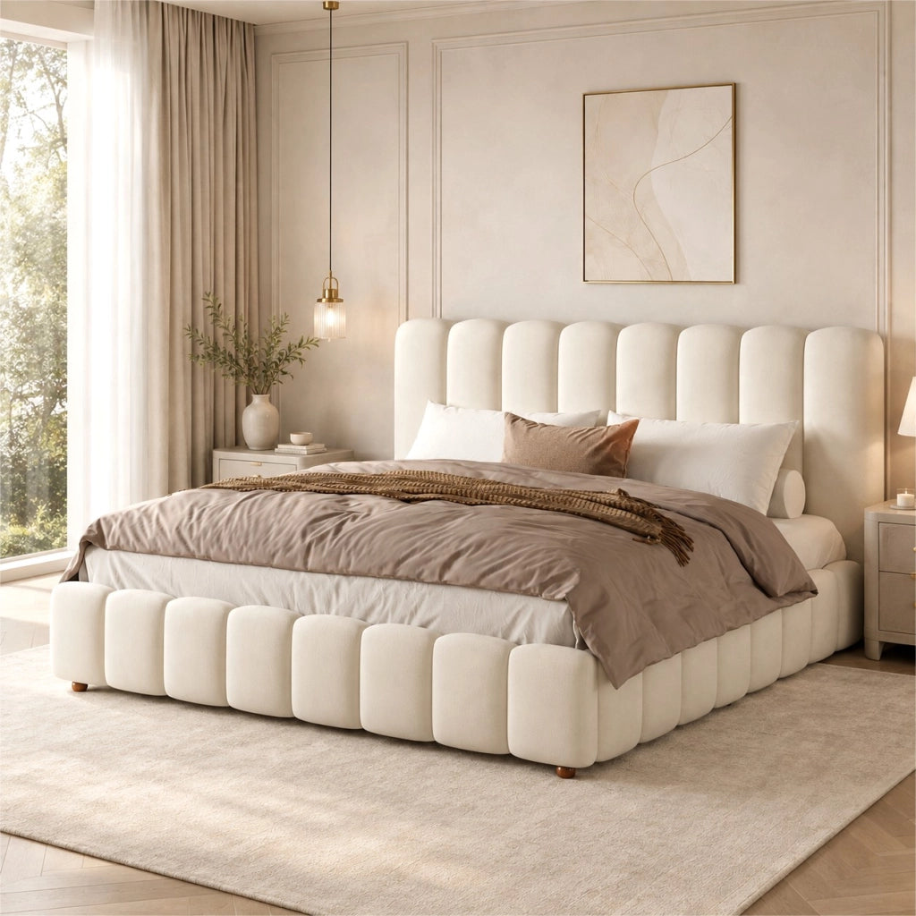 Letto matrimoniale 160 x 200 cm, testiera imbottita, vano portaoggetti, rivestimento in velluto, color beige
