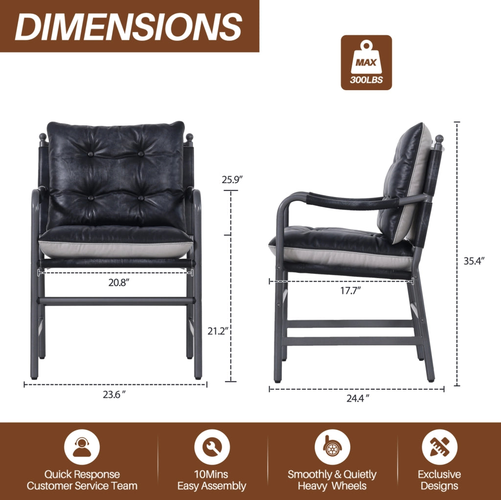 Poltrona accent mid-century moderna in pelle nera con struttura in metallo e braccioli