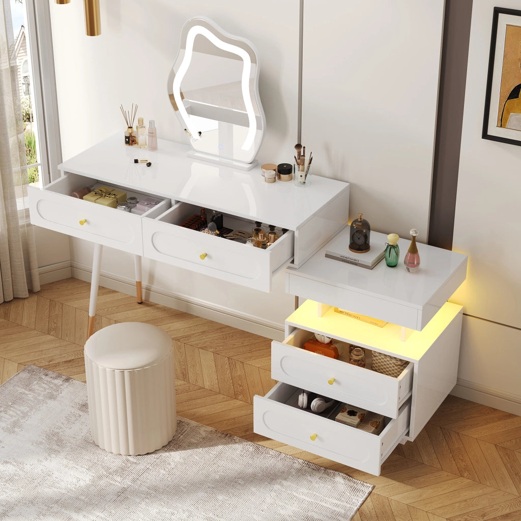Tavolo Trucco con Specchio LED e Cassetti ¨C MINIMAL ¨C Bianco, 140x40x130 cm