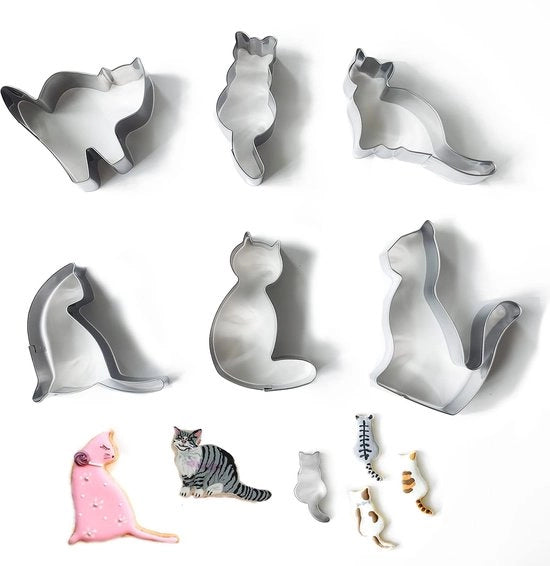 6 formine di biscotti a forma di gatto, formine di biscotti a forma di gatto in acciaio inossidabile, per la preparazione di fondant a forma di gatto per bambini, per la preparazione di biscotti di fondant.