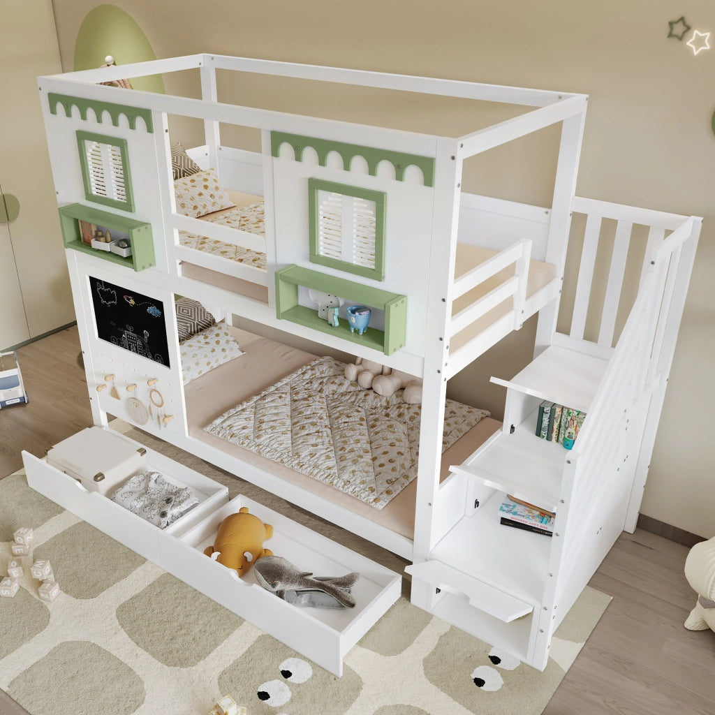 DESMIU Letto a castello bambino 90 × 200 cm con scala contenitore, 2 cassetti, senza materasso, in legno, bianco e verde