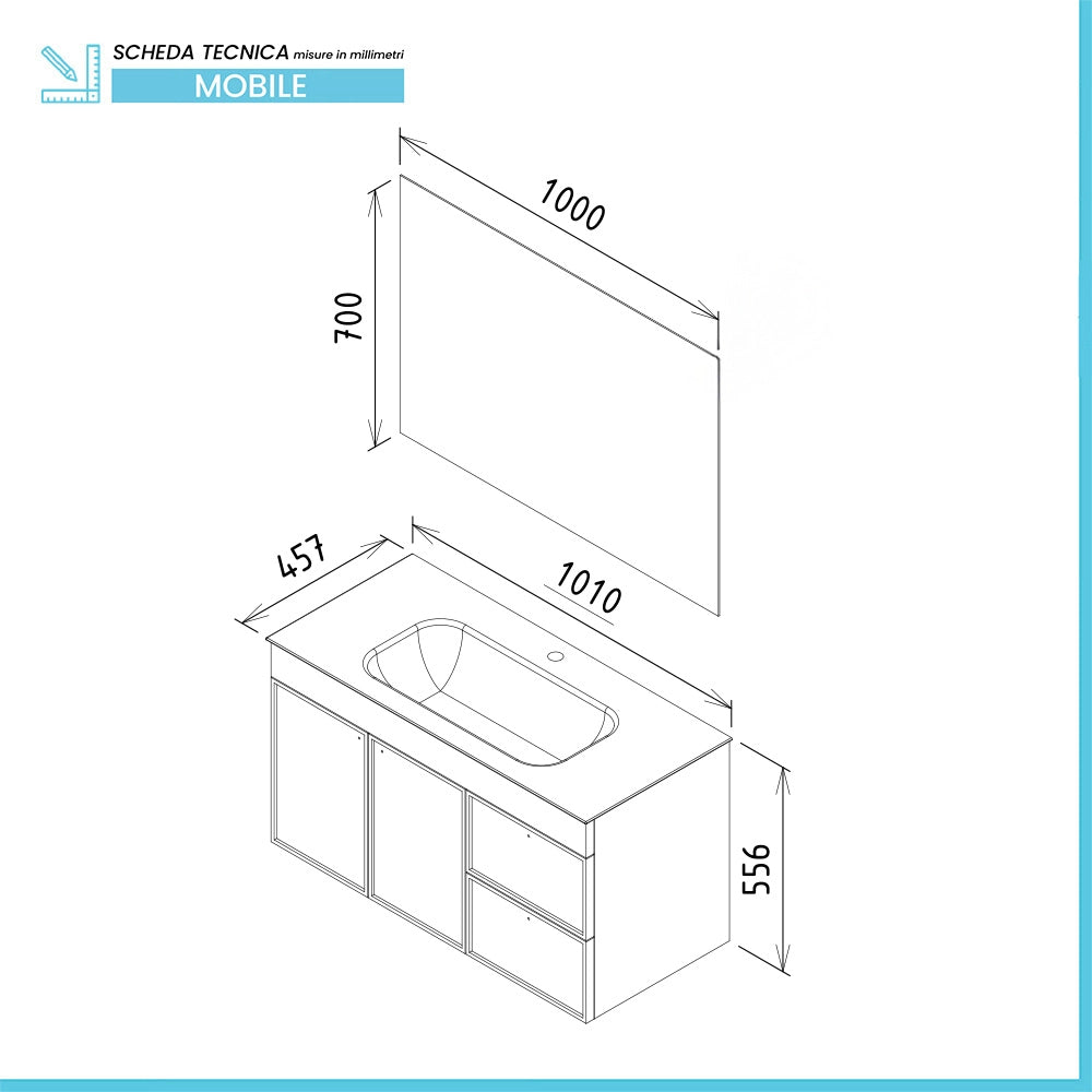 Mobile bagno sospeso 100cm azzurro opaco con specchio e lavabo Craft