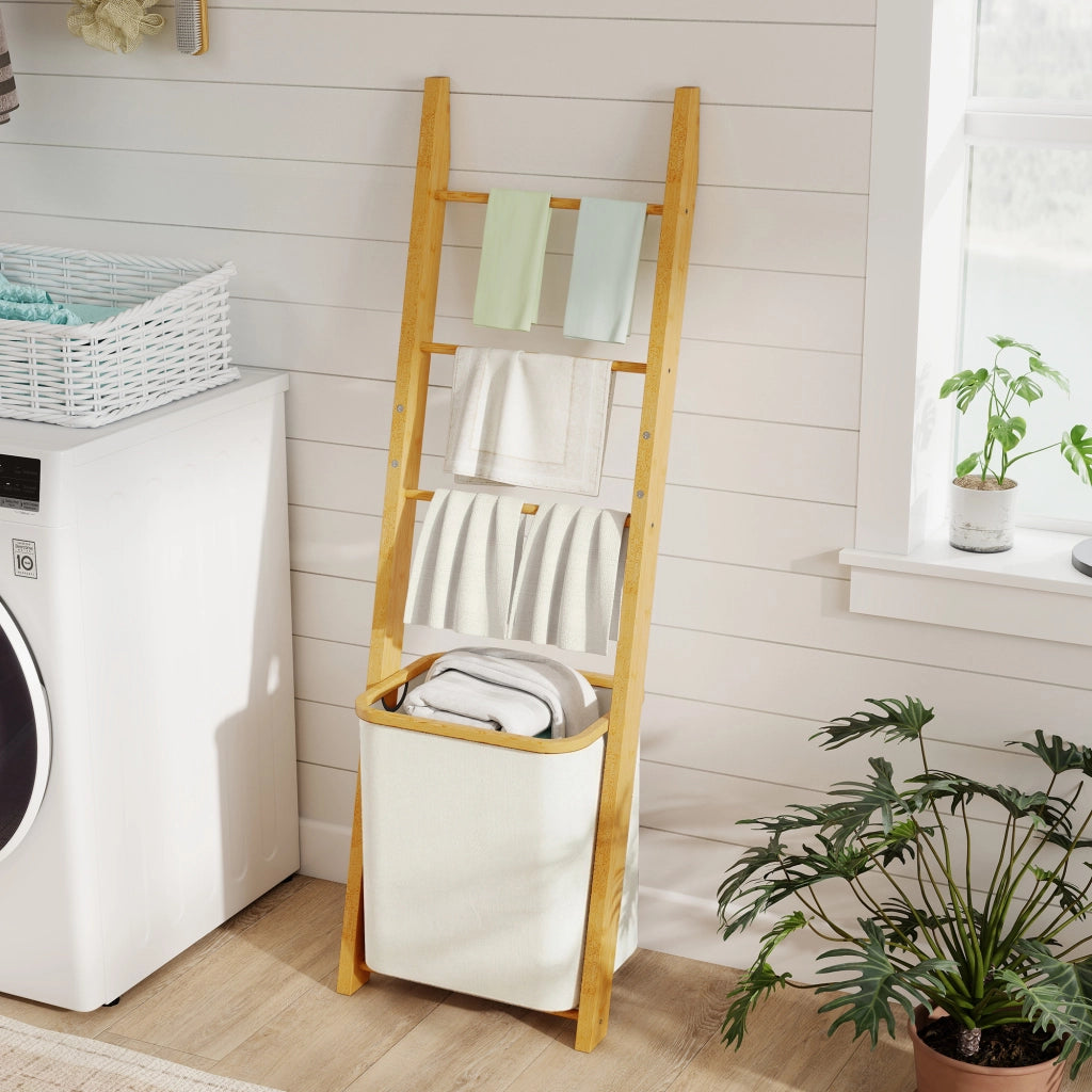 Mobile da Bagno con Cestino ¨C Zephmum ¨C Bamb¨´ 43x35x133 cm Bianco