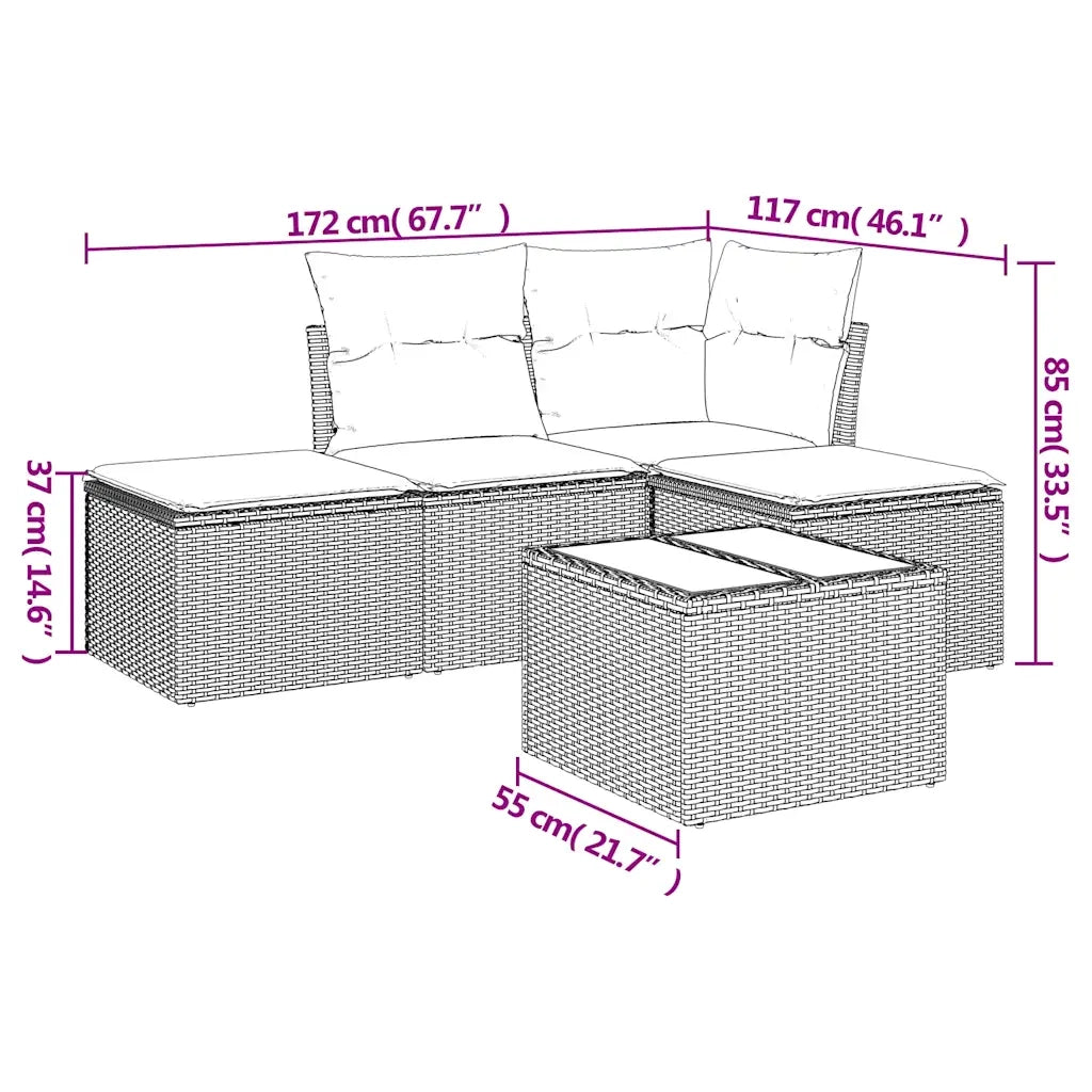 Set Divano da Giardino 5 pz con Cuscini Marrone in Polyrattan
