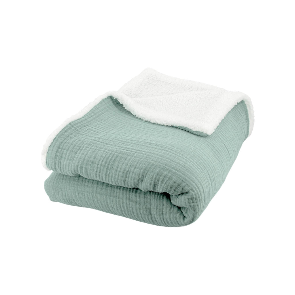 Plaid sherpa e mussola di cotone , 170cm, verde mandorla