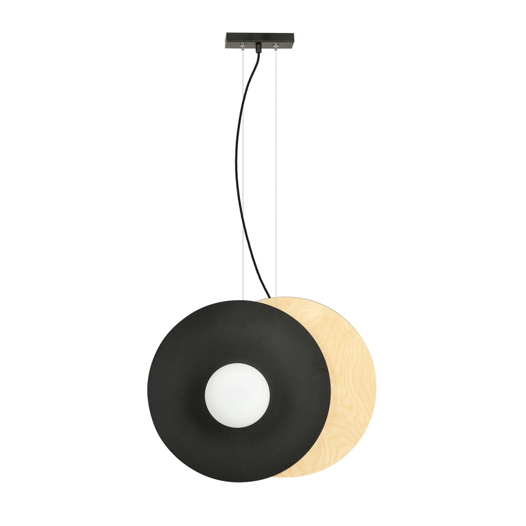 Sospensione Minimal Nordica Soho 2 Luci In Acciaio Nero E Legno Vetro Bianco