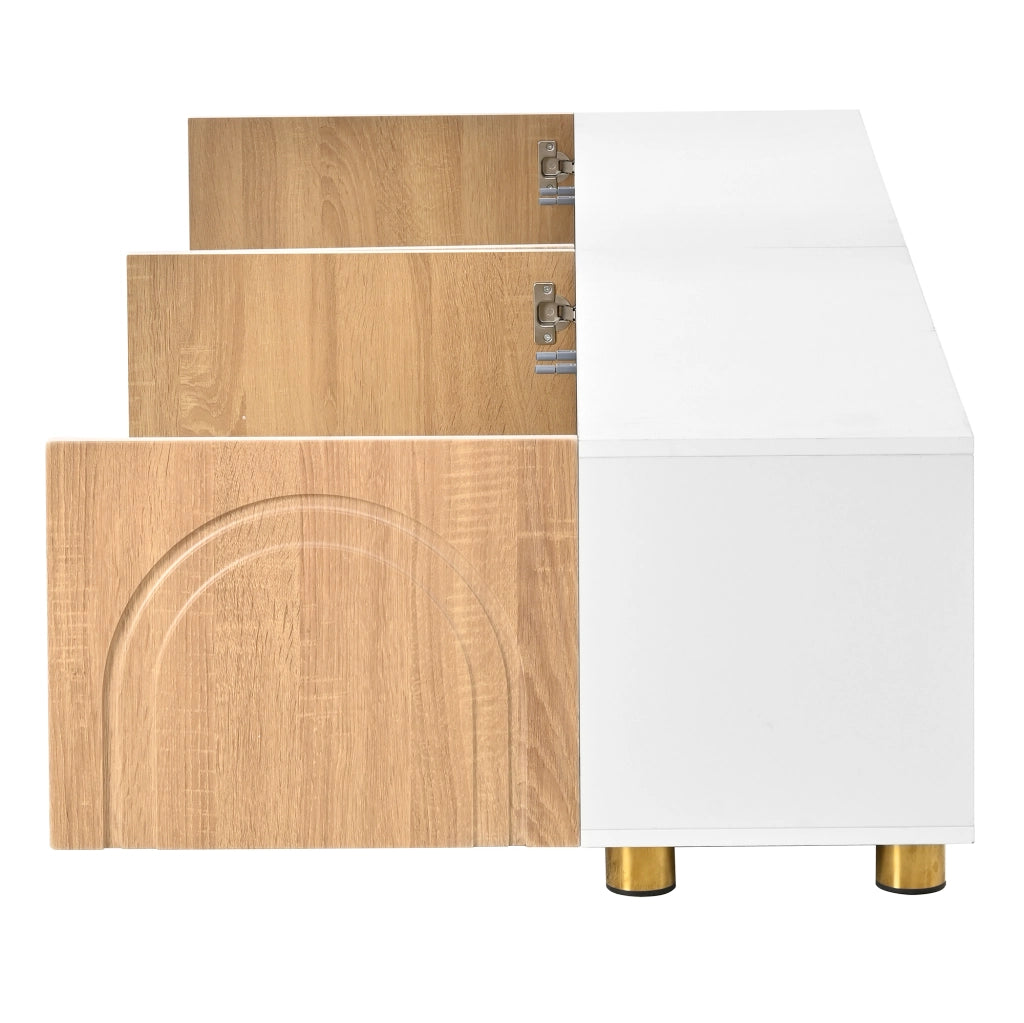 Mobile TV, mobile da ingresso, ante con rilievi curvi, gambe di sostegno in metallo, colore legno naturale