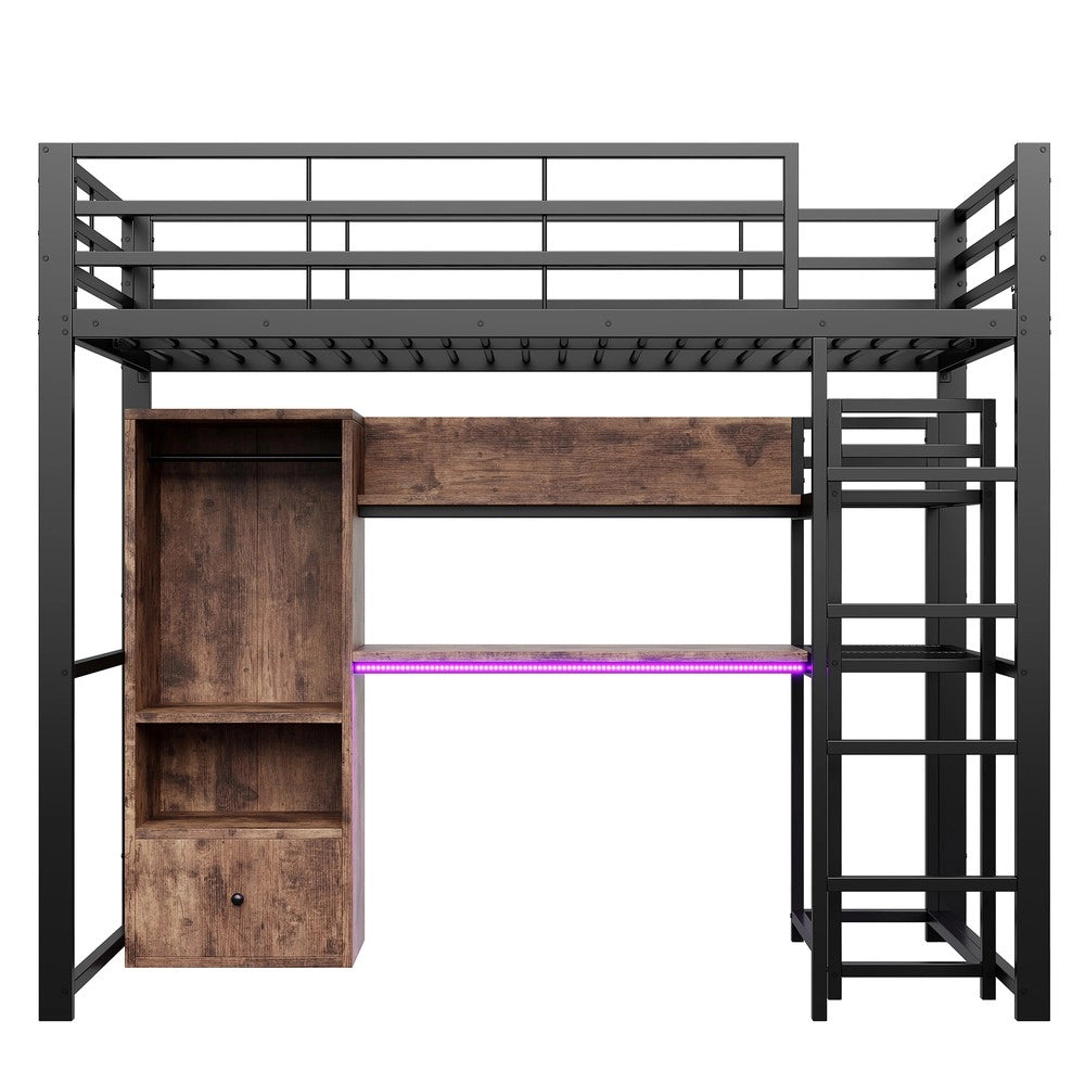 Letto a Soppalco con Scrivania e LED ¨C MINIMAL ¨C Metallo Nero 90x200, Cassetti, Rete a Doghe