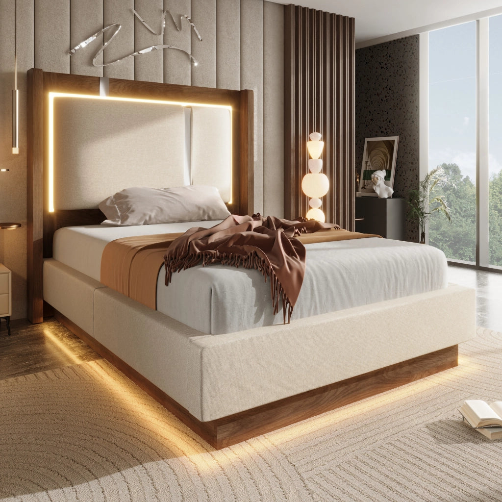 DESMIU Letto contenitore 90 × 200 cm 1 posto con LED, sollevamento idraulico e senza materasso, in lino, beige