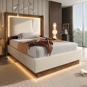 DESMIU Letto contenitore 90 × 200 cm 1 posto con LED, sollevamento idraulico e senza materasso, in lino, beige