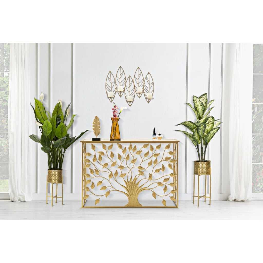Portacandele da muro Leaf in ferro dorato CM 66x14x56