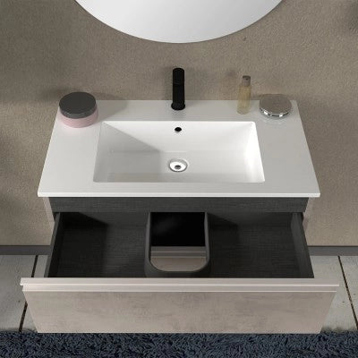 Mobile bagno sospeso 80 cm grigio cemento con lavabo e specchio tondo Master