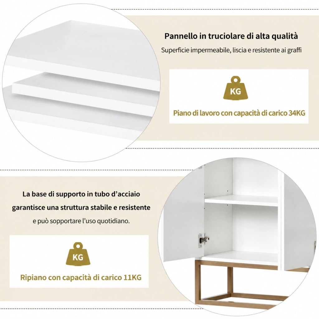 Credenza buffet 120cm bianca, mobile soggiorno pannello di particelle con base metallo oro, 4 ante push‑to‑open, ripiani regolabili per sala da pranzo ingresso