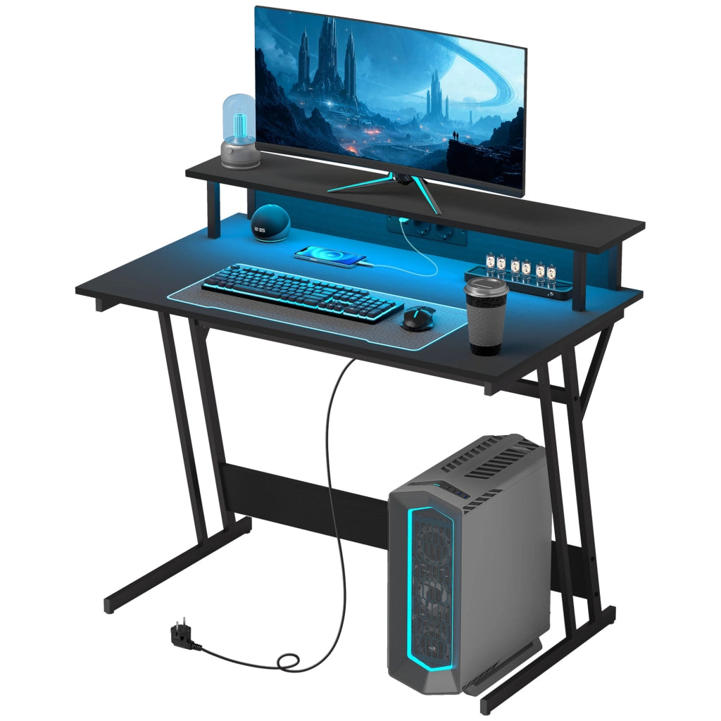 Scrivania Gaming con Supporto Monitor e Luci LED ¨C Minimal ¨C Nero, Truciolato e Acciaio, 100x60x88.5 cm