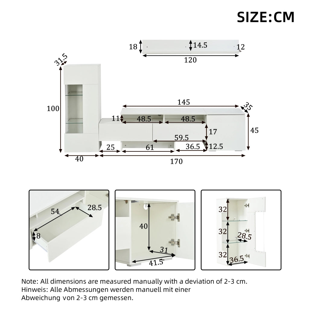 MOBILE TV Set da 3 pezzi con LED 170 cm Bianco lucido