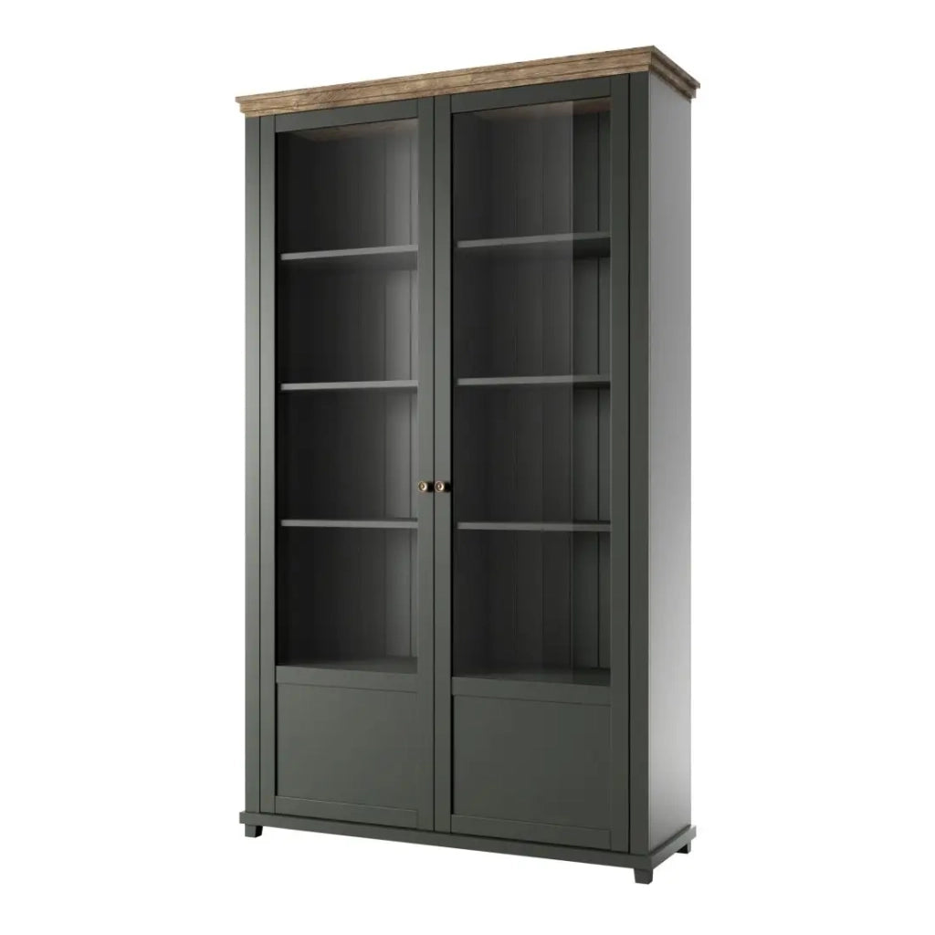 Vetrina ASSIA 2 porte vetrate verde scuro e legno - 125 cm - 10 nicchie - Eleganza senza tempo