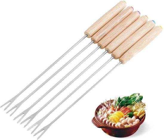 Fondue utensili in acciaio inossidabile 6 pezzi - manico in legno - resistente al calore - leggero - ideali per cioccolato/ formaggio - fondue forchette