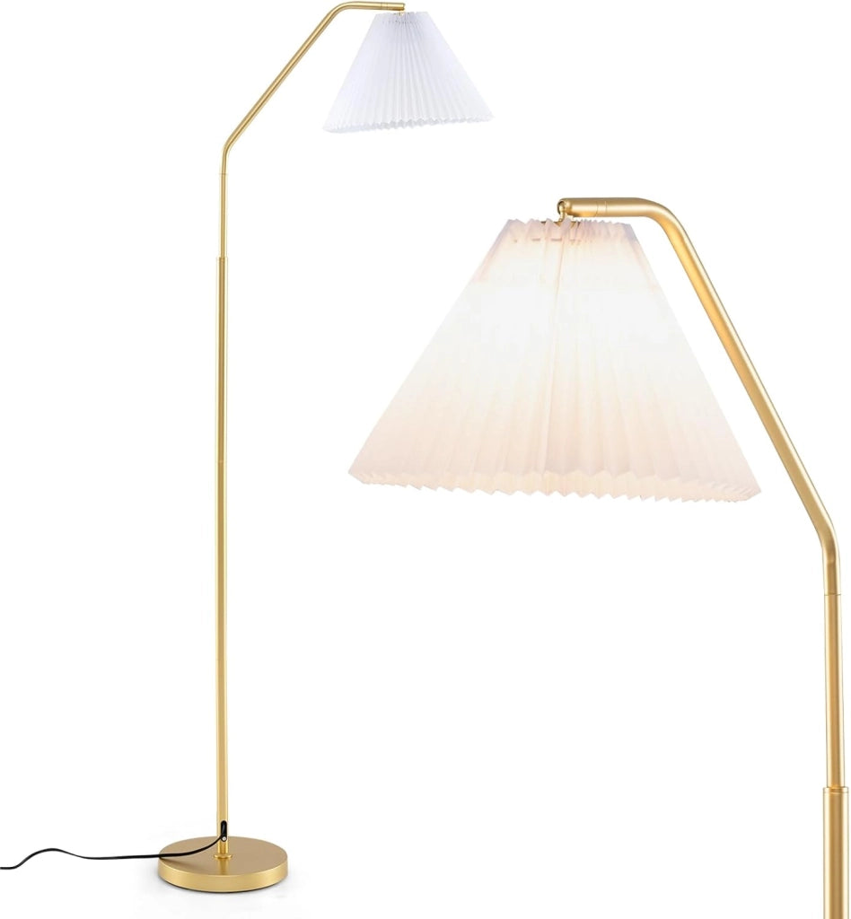 Lampada da Terra ad Arco con Paralume e Testa Regolabile, Piantana da Terra Interruttore a Pedale, Lampada da Pavimento Moderno per Salotto, Soggiorno e Ufficio, Oro e Bianco
