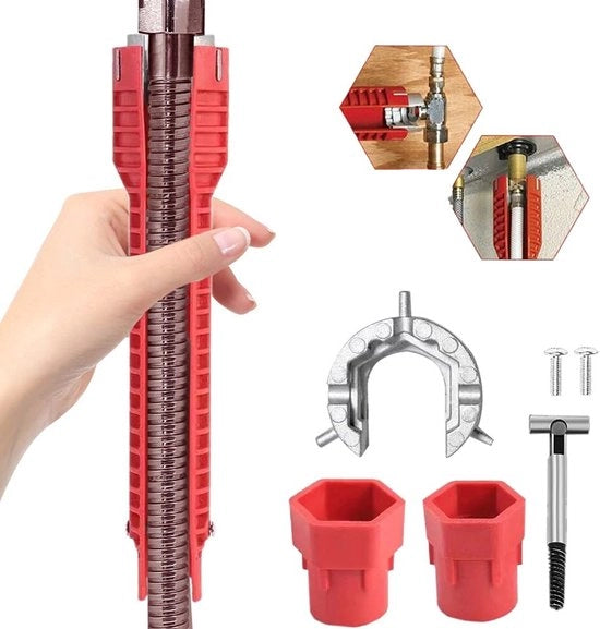 Chiave per installazione di scarico 8 in 1 - Installatore di scarichi multifunzionale - Chiave per tubi - Attrezzo sanitario - Lega leggera di alluminio - Adatto per bidet e cucina - Strumento di installazione