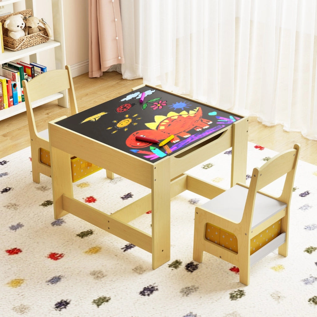 Set tavolo con 2 sedie per bambini in legno, Set di 3 pezzi mobili per bimbi 62x62x48cm Giallo