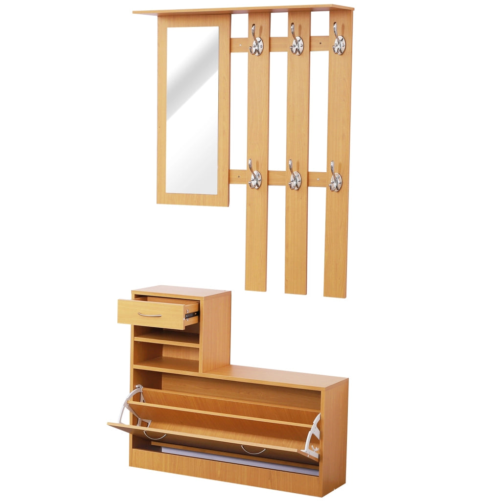 Set Mobili Ingresso Moderno con Scarpiera e Specchio, Appendiabiti da Ingresso con 6 Ganci, 2 Ripiani Regolabili e Cassetti in Legno per Corridoio, 90x24x166 cm, Legno