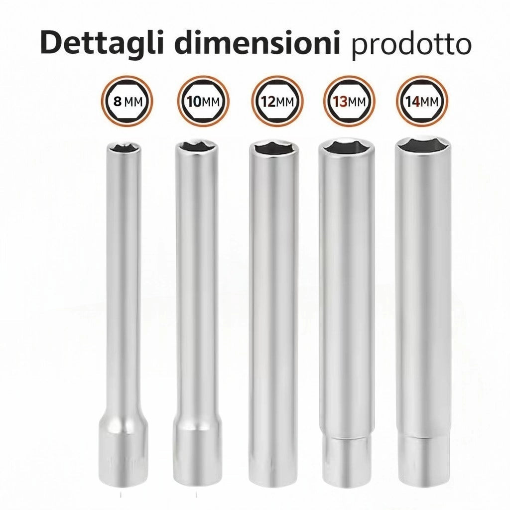 Set 5 Chiavi a Bussola 8-14mm 3/8" Extra Lunghe 120mm + Riduttore da 3/8 a 1/4"