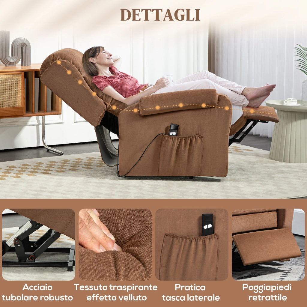 Poltrona Alzapersona Reclinabile a 160¡ã con Poggiapiedi e Telecomando, in Velluto, 85x88x109 cm, Marrone