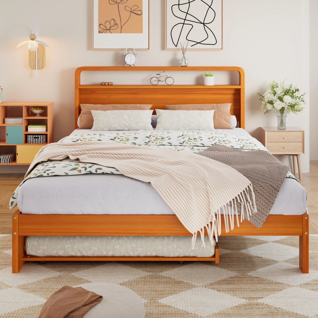Letto in legno naturale 140x200 cm con letto estraibile 90x190 cm, soluzione 2 in 1 salvaspazio