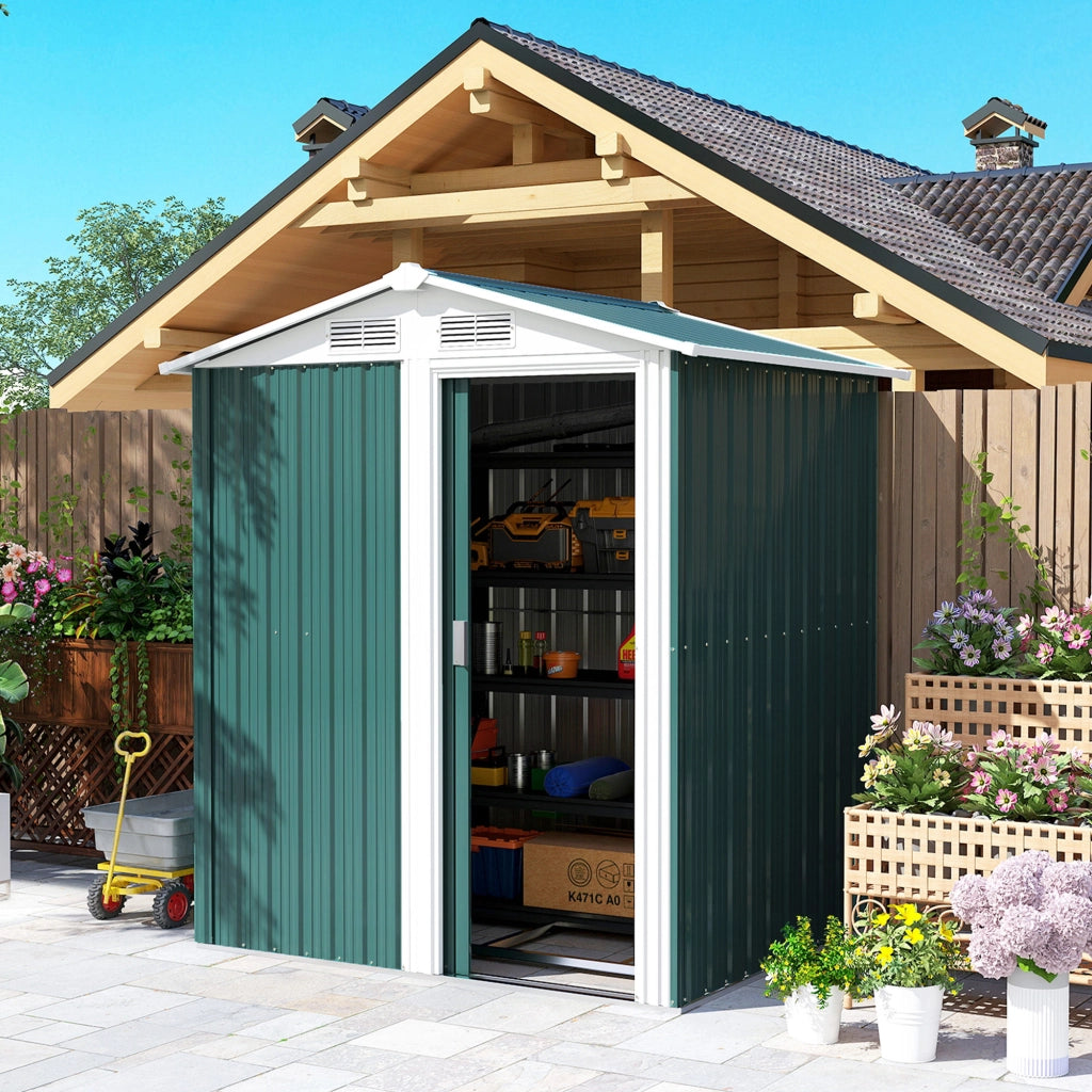 Casetta Box Da Giardino 152x132x188 cm con Tetto Inclinato e 4 Prese d'Aria in Acciaio Verde