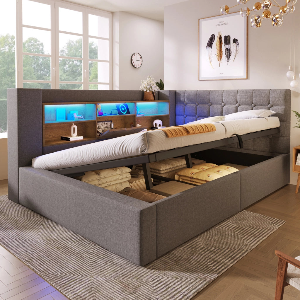 OKWISH Letto Contenitore 140×200 cm, Letto Matrimoniale con LED, USB, Tipo C e Testiera a L reversibile con ripiani, senza Materasso, Lino, Grigio