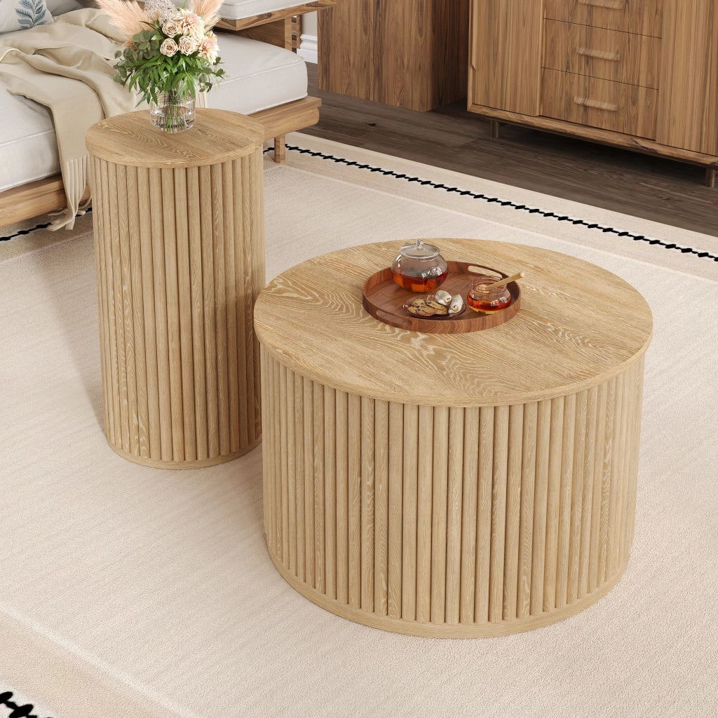 Tavolino da Caffè Rotondo 2 Pezzi con Struttura di Archiviazione, Stile Moderno, per Salotto, MDF, Naturale
