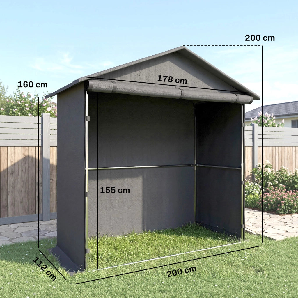 Capanno da Giardino 1.1x2 m con Porta Avvolgibile, Tenda Garage per Bici e Moto, Grigio Scuro