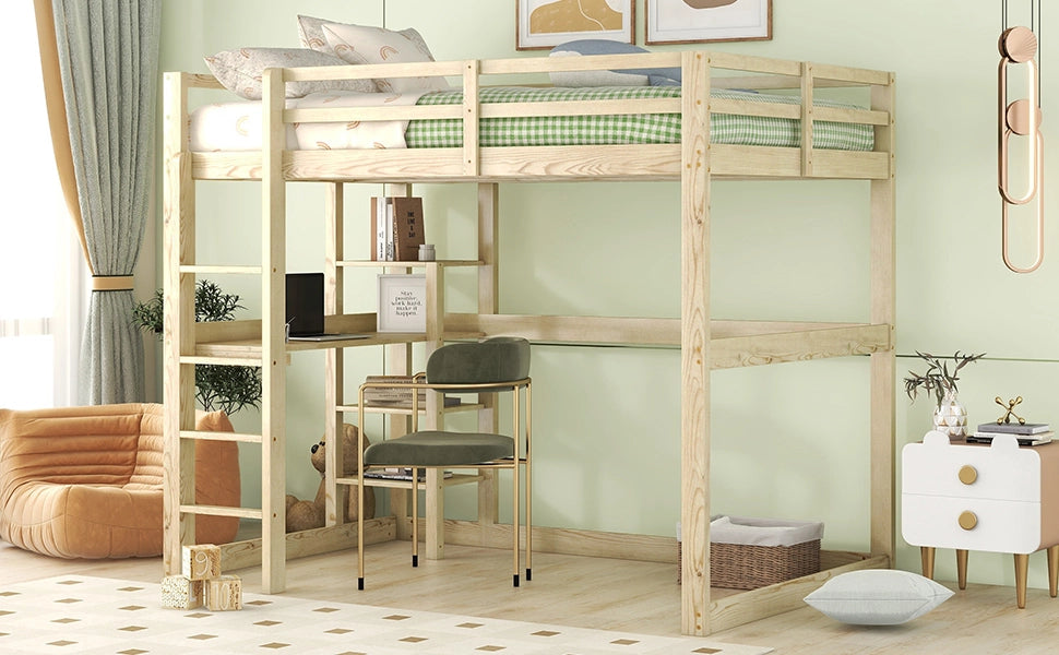 DESMIU Letto a soppalco matrimoniale con scrivania e 4 ripiani, 140 × 200 cm, senza materasso, pino naturale
