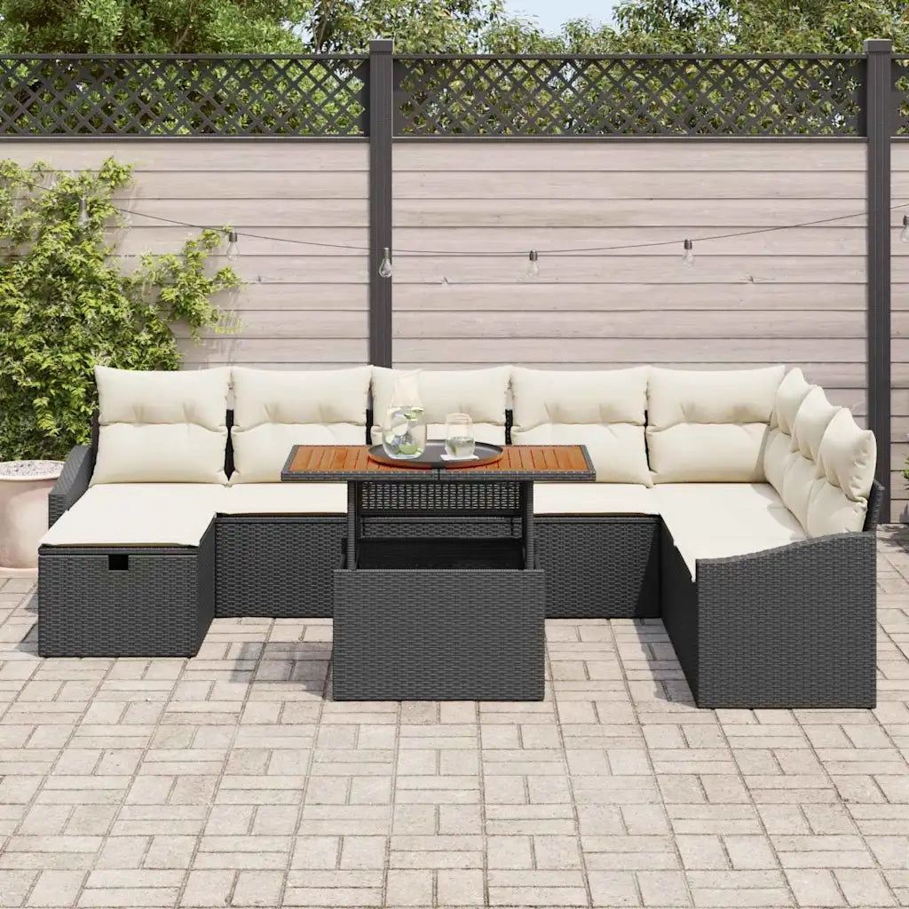 Set Divano da Giardino con cuscino 9 pcs Nero polyrattan