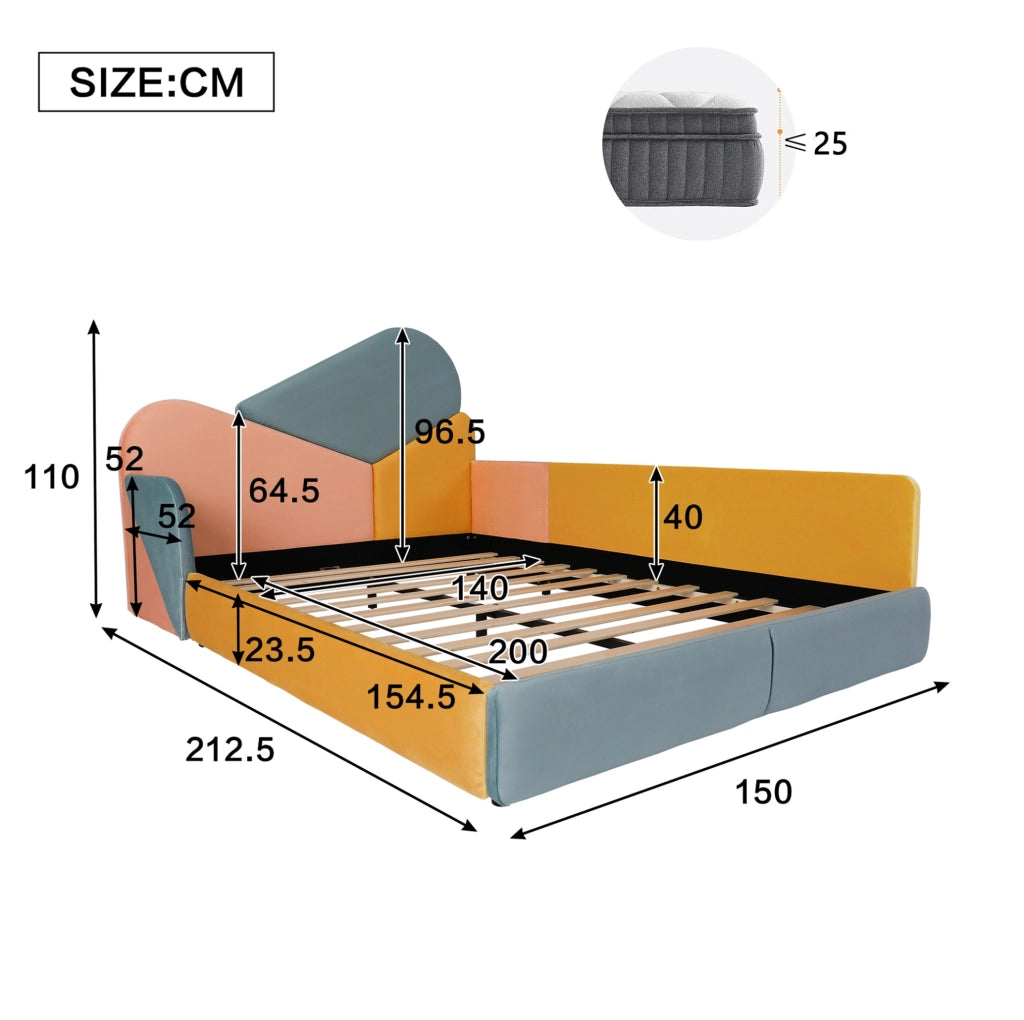 Letto imbottito 140x200 cm con protezione laterale; patchwork in velluto blu multicolore