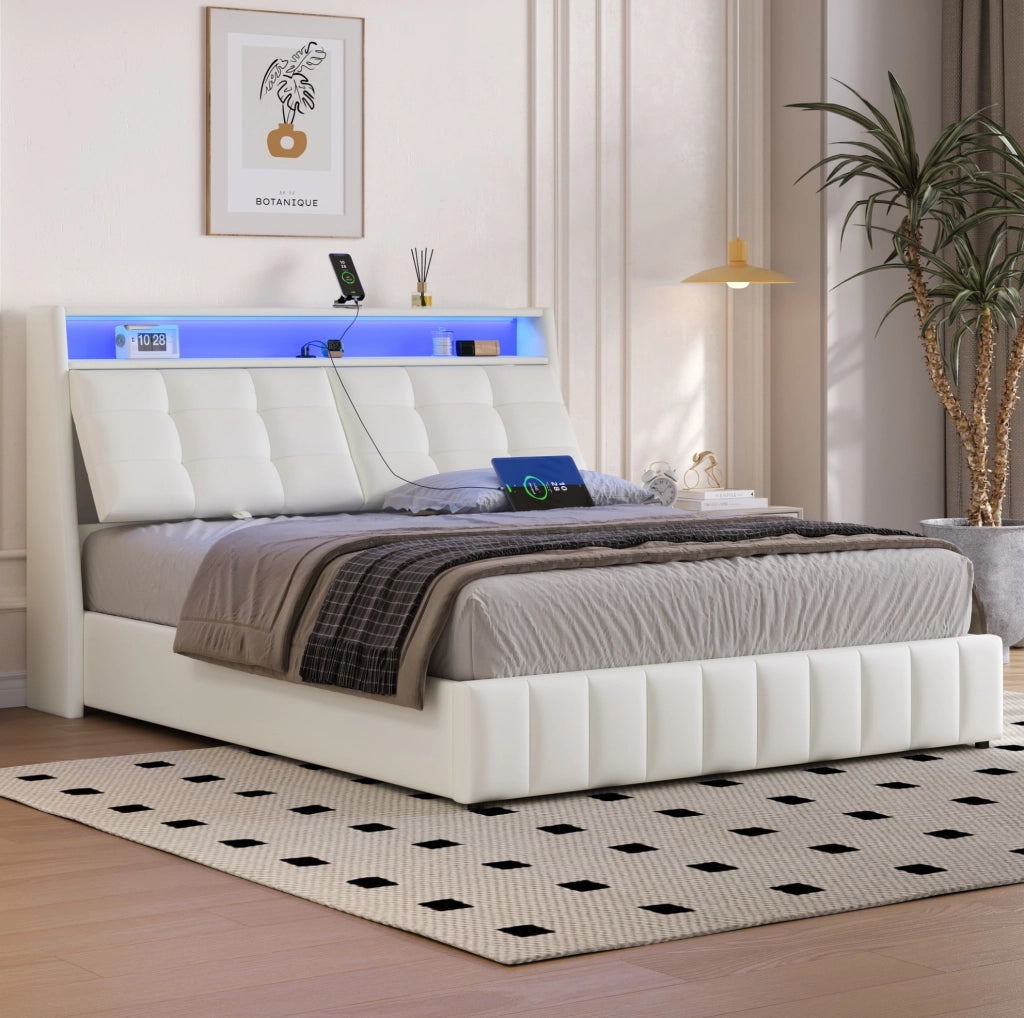 Letto piattaforma matrimoniale 160x200 cm con LED; USB; contenitore e testiera regolabile; bianco