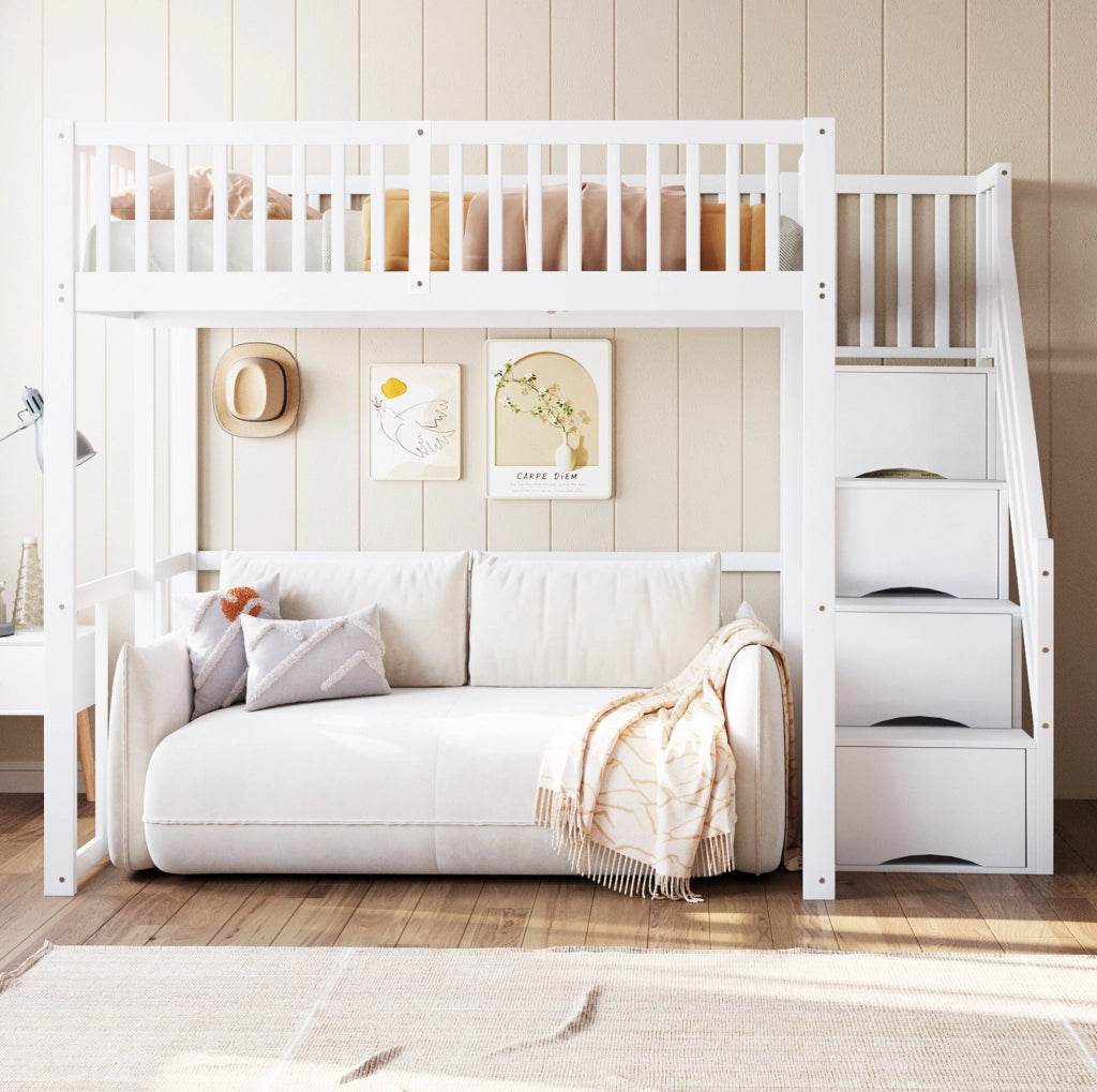 Letto a soppalco 140x200 cm con scala contenitore e struttura in legno