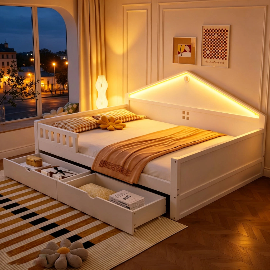 LETTO con cassetti e barra LED 140x200 cm Bianco