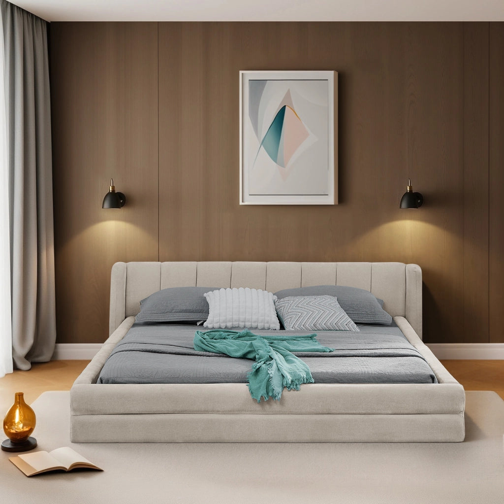 DESMIU Lit matrimoniale 140 × 200 cm con testiera imbottita, senza materasso, in ciniglia, beige