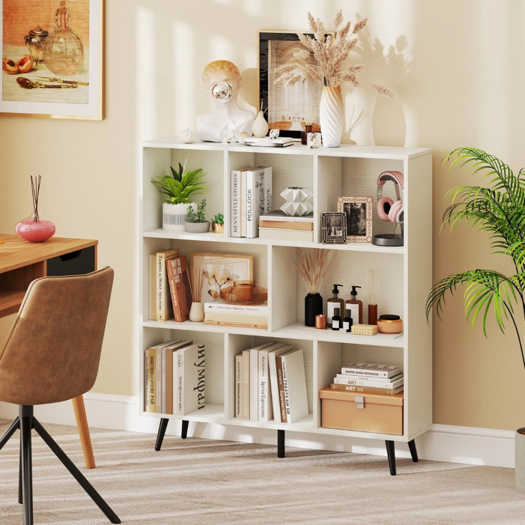 Organizzatore di stoccaggio moderno con 5 gambe di metallo affusolate, Libreria a 8 cubi studio camera da letto Bianco-Librerie