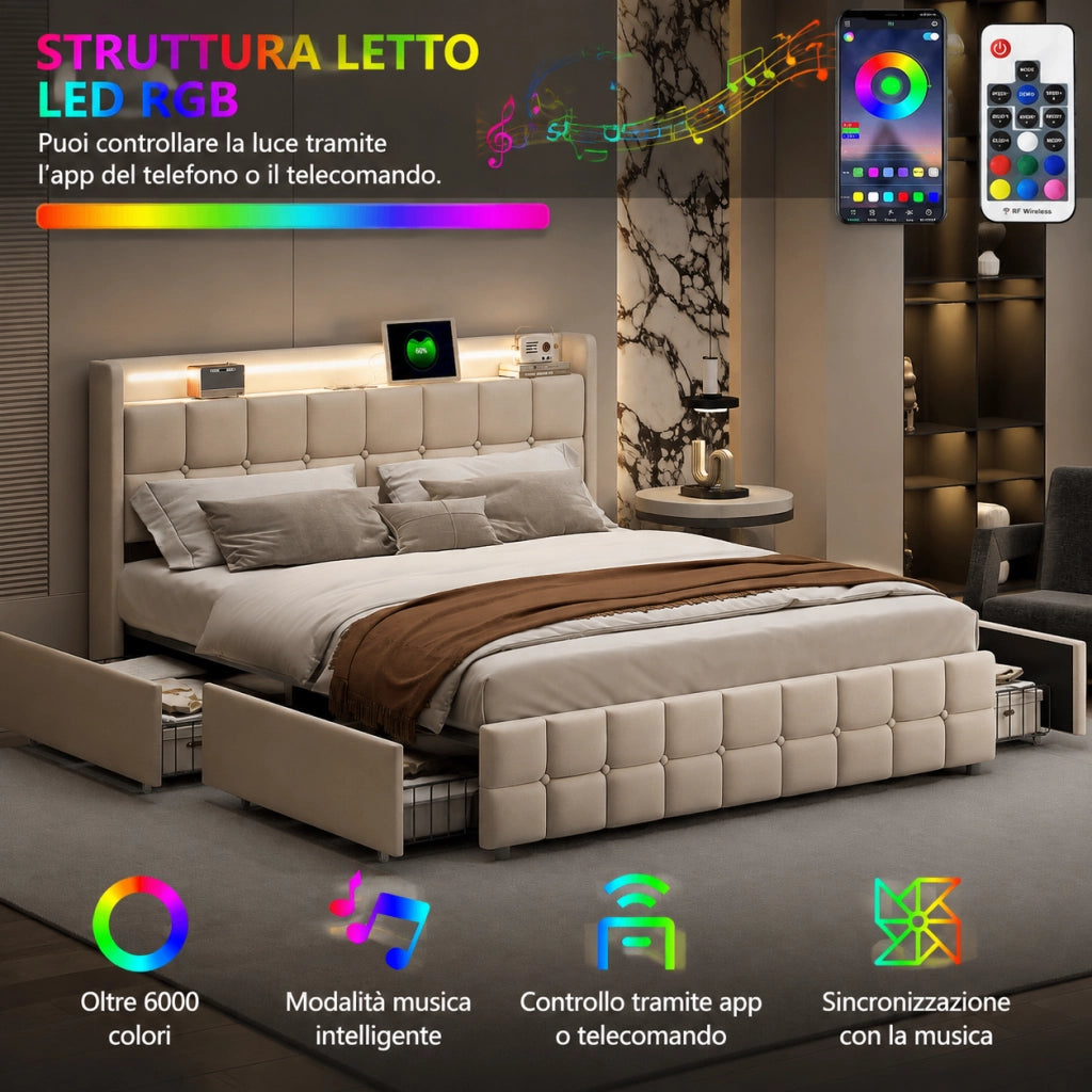 Letto matrimoniale 180x200 cm tessuto lino beige, testiera imbottita con luci RGB‑LED, porte USB, controllo app e telecomando, 4 cassetti contenitori su ruote, doghe in legno