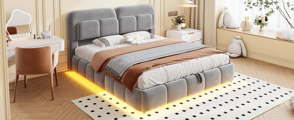 LETTO imbottito 140x200 cm in velluto grigio con contenitore idraulico e LED