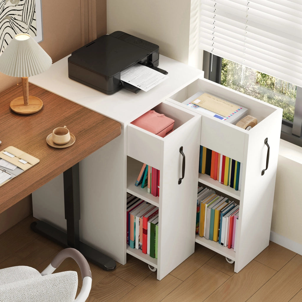 Libreria con 1 cassetto e 2 ripiani; ruote - per studio - 52×50×75 cm - bianco